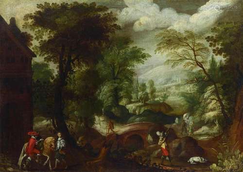 Flemish School, 17th Century Hunters in an extensive landsca...