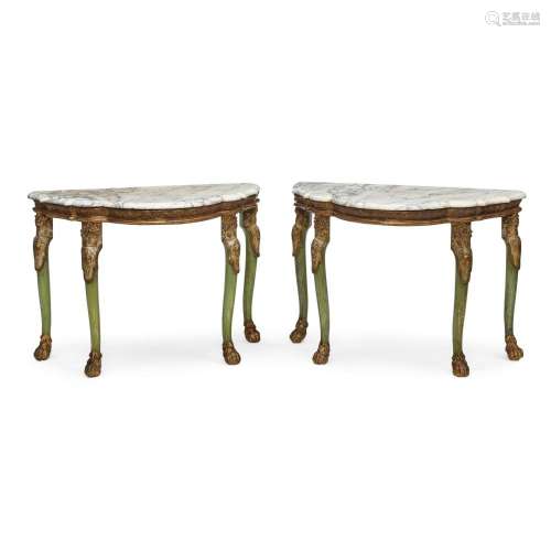 A PAIR OF ITALIAN MARBLE TOP GILT AND PAINTED WOOD CONSOLESL...