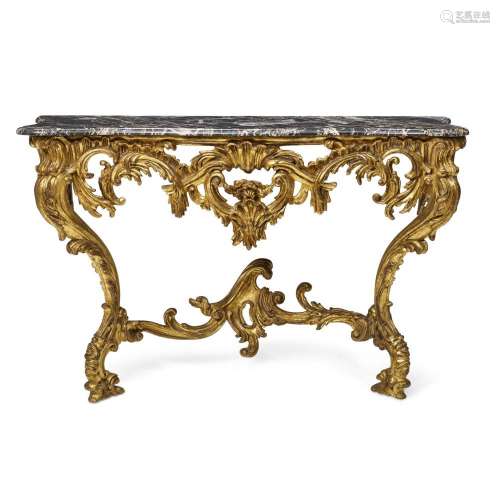 AN ITALIAN ROCOCO STYLE MARBLE TOP GILTWOOD CONSOLE20th cent...