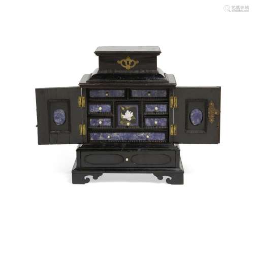 A BAROQUE STYLE PIETRA DURA AND LAPIS LAZULI MOUNTED EBONIZE...