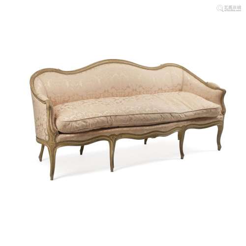 A LOUIS XV SILK UPHOLSTERED PAINTED WOOD SOFA18th century