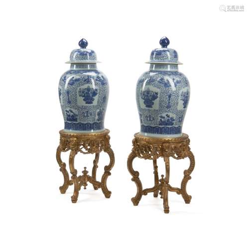 A PAIR OF CHINESE BLUE AND WHITE PORCELAIN TEMPLE JARS