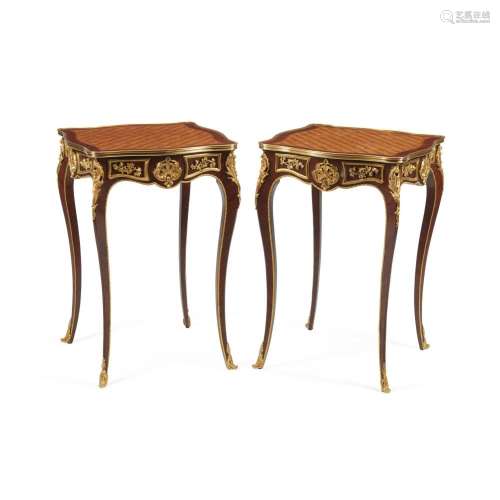 A PAIR OF LOUIS XV STYLE PARQUETRY SIDE TABLES