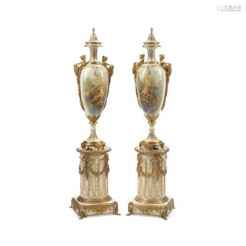 A PAIR OF SÈVRES STYLE GILT BRONZE MOUNTED TRANSFER DECORATE...