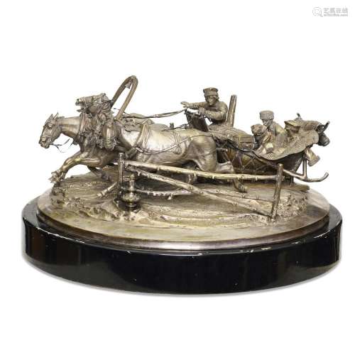 A RUSSIAN SILVERED BRONZE FIGURAL GROUP: A WINTER TROIKA WIT...