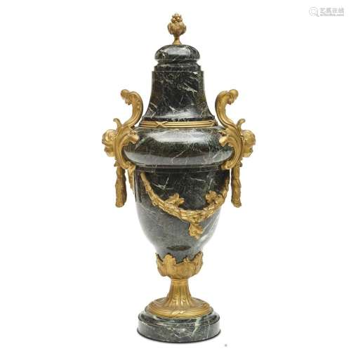 A LOUIS XVI STYLE GILT BRONZE MOUNTED VERDE ANTICO MARBLE UR...