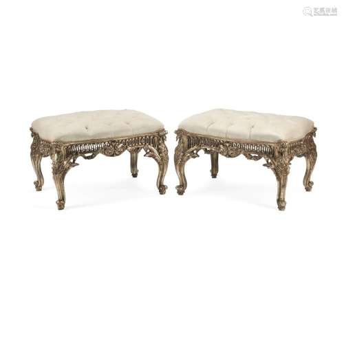 A PAIR OF BAROQUE STYLE SILVERED WOOD STOOLS