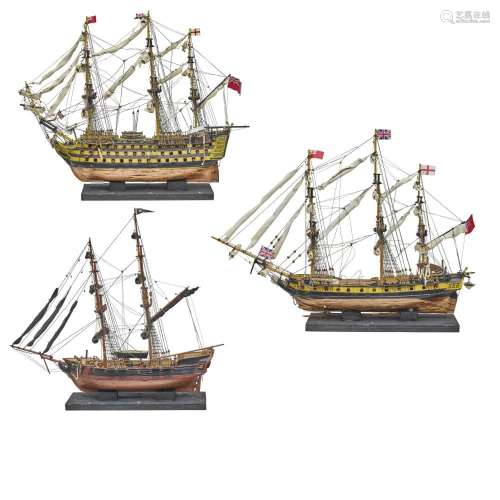 THREE PAINTED WOOD MODELS OF SHIPS