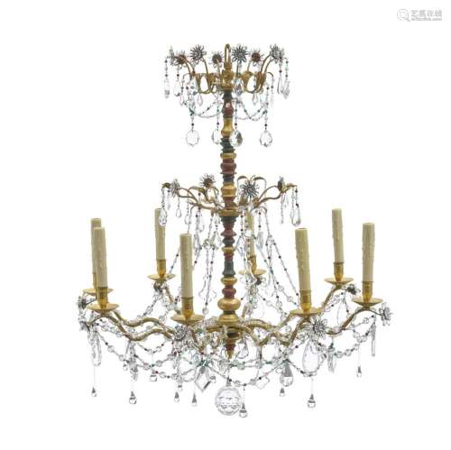 AN ITALIAN PAINTED WOOD AND GLASS EIGHT-LIGHT CHANDELIER20th...