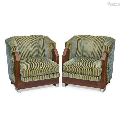 A PAIR OF ART DECO CHROME MOUNTED STAINED WOOD CLUB CHAIRSSe...