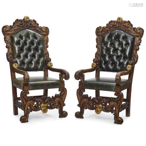 A PAIR OF RENAISSANCE REVIVAL STYLE PARCEL-GILT CARVED WALNU...