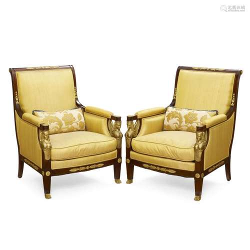 A PAIR OF EMPIRE STYLE GILT BRONZE MOUNTED MAHOGANY ARMCHAIR...