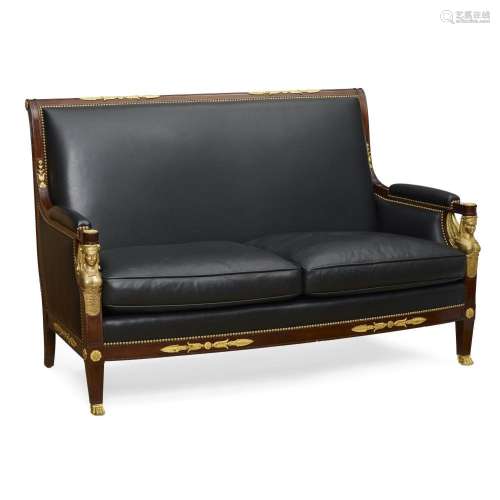 AN EMPIRE STYLE GILT BRONZE MOUNTED MAHOGANY SETTEELate 19th...