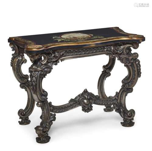 A LOUIS XV STYLE PAINTED WOOD TOP PATINATED STEEL CONSOLE TA...