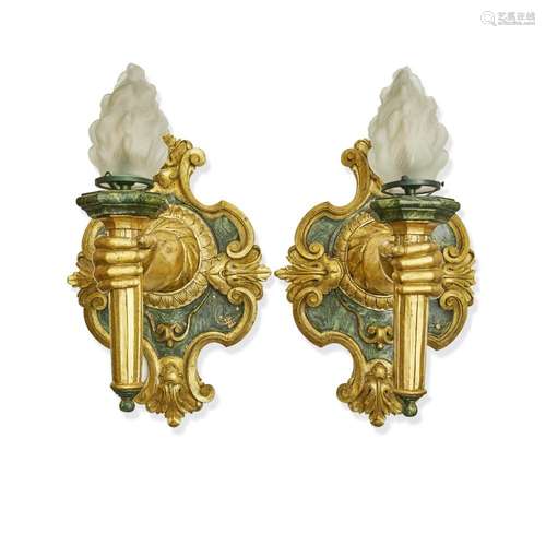 A PAIR OF CONTINENTAL CARVED GILTWOOD AND FAUX MARBLE PAINTE...