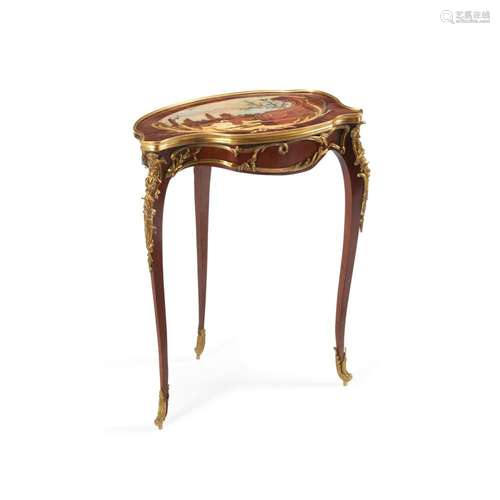 A LOUIS XV STYLE GILTWOOD MOUNTED AND INLAID TABLE