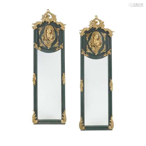 A PAIR OF LOUIS XVI STYLE GREEN PAINTED AND GILTWOOD PIER MI...