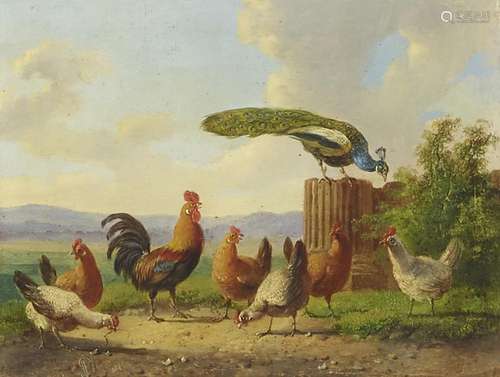 Albertus Verhoesen (Dutch, 1806-1881) Chickens and a peacock...