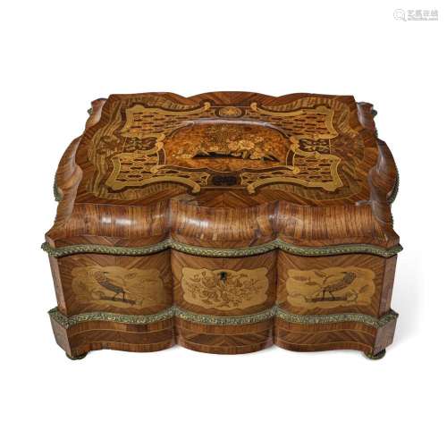 A FRENCH BRASS MOUNTED MARQUETRY AND INLAID BURL, FRUITWOOD,...