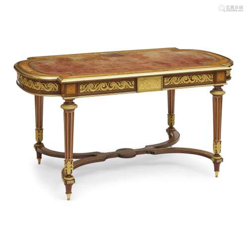 A LOUIS XVI STYLE GILT BRONZE MOUNTED MARQUETRY MAHOGANY, CI...