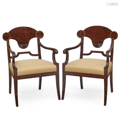 A PAIR OF BALTIC NEOCLASSICAL STYLE MAHOGANY OPEN ARMCHAIRS