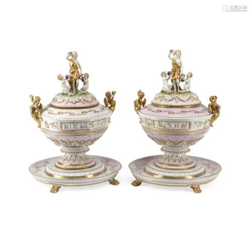 A PAIR OF CONTINENTAL NEOCLASSICAL STYLE MOLDED PORCELAIN TU...