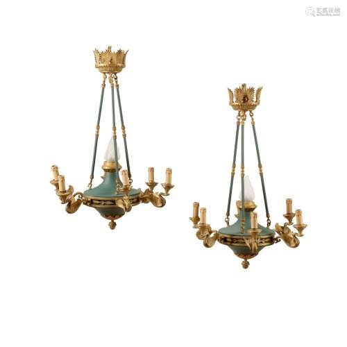 TWO EMPIRE STYLE GILT AND PAINTED METAL SIX-LIGHT CHANDELIER...