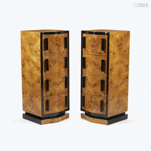 A PAIR OF ART DECO STYLE PART EBONIZED BURLWOOD TALL CHESTS