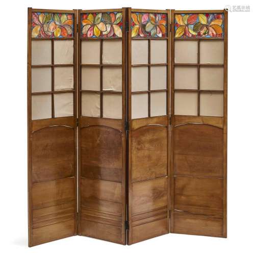 A WALNUT AND LEADED GLASS FOUR-PANEL SCREENIn the manner of ...