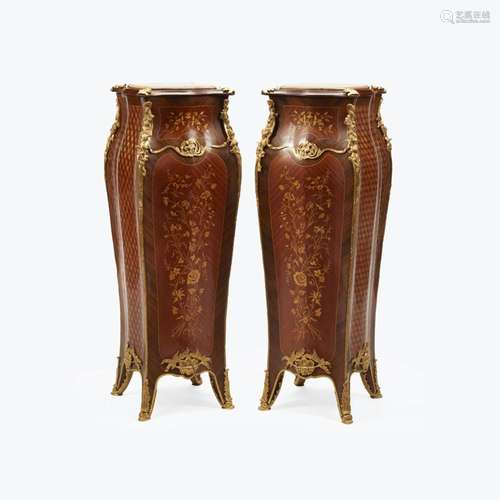 A PAIR OF LOUIS XVI STYLE MARBLE TOP GILT BRONZE MARQUETRY A...