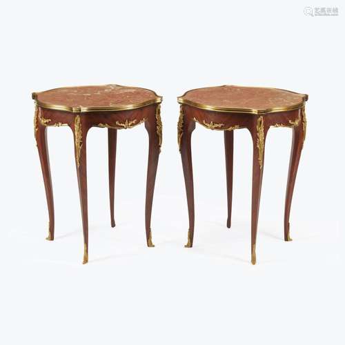 A PAIR OF LOUIS XV STYLE MARBLE TOP GILT BRONZE MOUNTED MAHO...