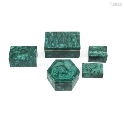 A GROUP OF FIVE MALACHITE BOXES