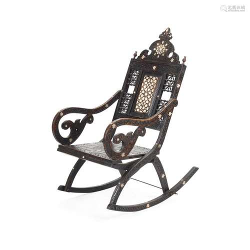 A LEVANTINE INLAID AND CARVED WOOD ROCKER