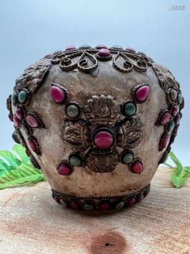 Tibetan decorated jar in snow quartz Vessel - 10×12×12 cm - ...