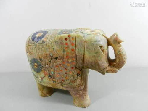 Marble elephant inlaid with semi-precious stones and mother-...