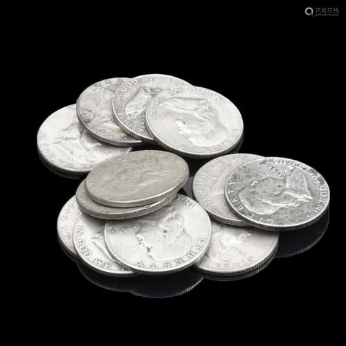 Twelve U.S. Silver Franklin Half Dollars