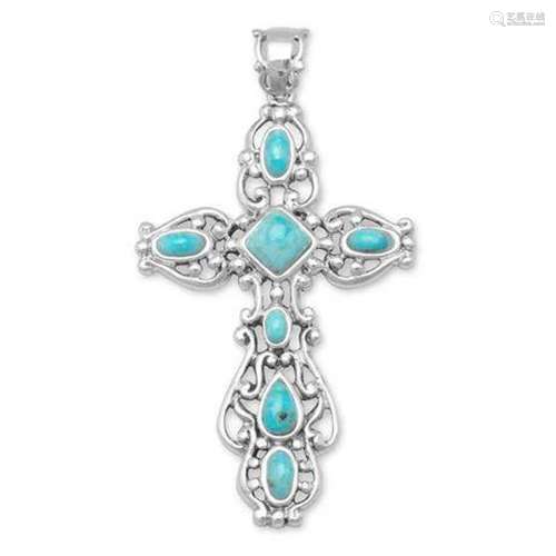 Ornate Oxidized Reconstituted Turquoise Cross Pendant .925 S...