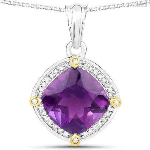 3.20 Carat Genuine Amethyst and White Diamond 18K Yellow Gol...