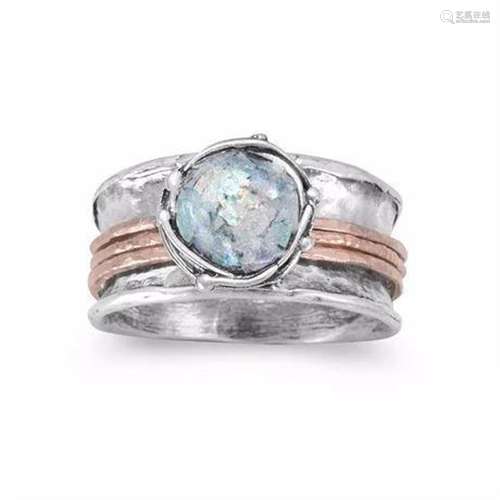 14kt Rose Gold Two Tone Roman Glass Spin Ring Size 7 .925 St...