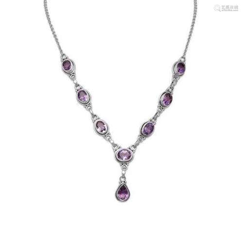 Oval and Pear Shape Amethyst Necklace 15"+1" Exten...