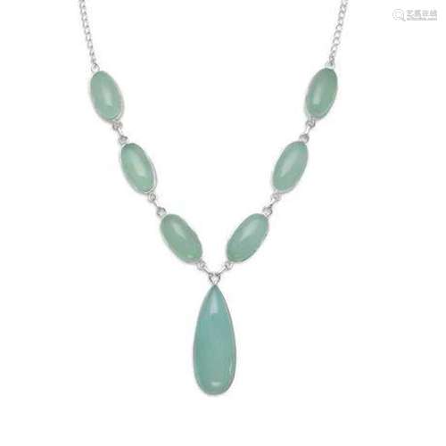 Green Chalcedony Necklace 17.5" Length .925 Sterling Si...