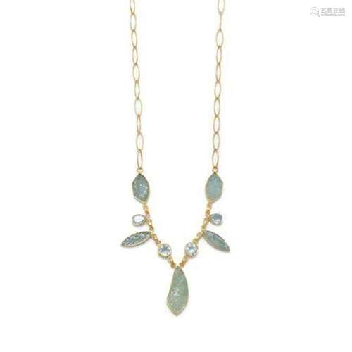 14kt Gold Plated Aquamarine and Blue Topaz Necklace 18"...