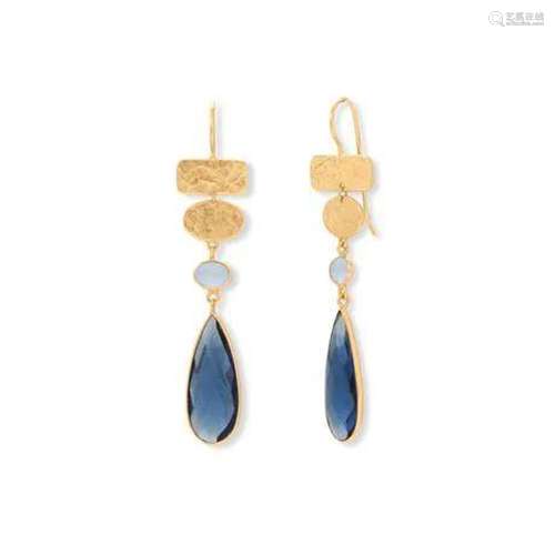 14 Karat Gold Plated Chalcedony and Glass Drop Earrings .925...