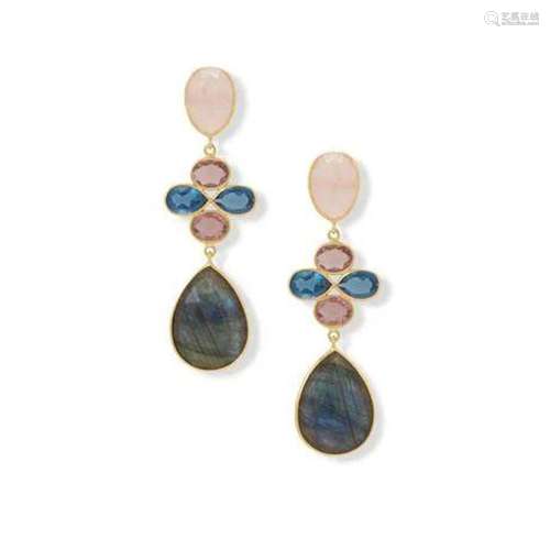 Labradorite, Rose Quartz and Glass Drop Earrings .925 Sterli...