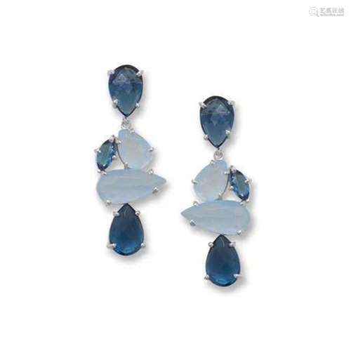 Rhodium Plated Tumbling Blue Drop Earrings.925 Sterling Silv...