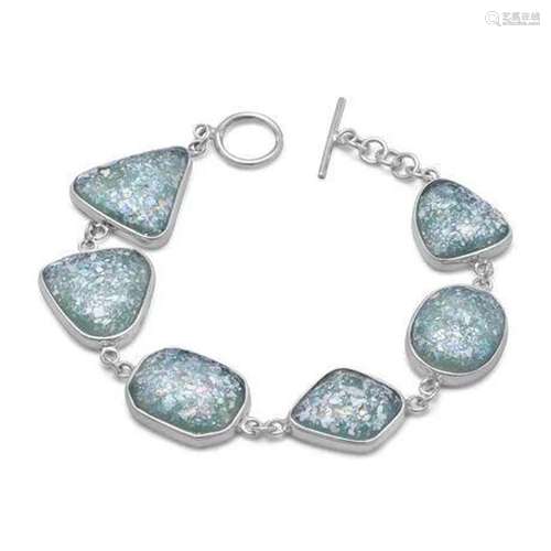 7" Roman Glass Toggle Bracelet .925 Sterling Silver New