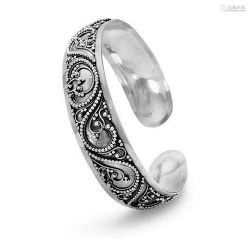 Oxidized Beaded Filigree Design Oval Cuff .925 Sterling Silv...