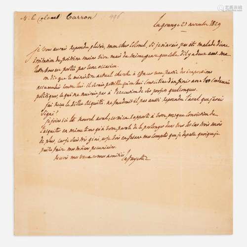 [Americana] Lafayette, Marquis de Autograph Letter, signed