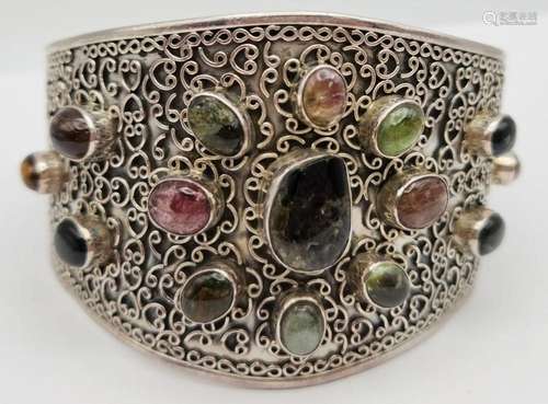 THICK STERLING CUFF WITH MULTI COLORED STONE