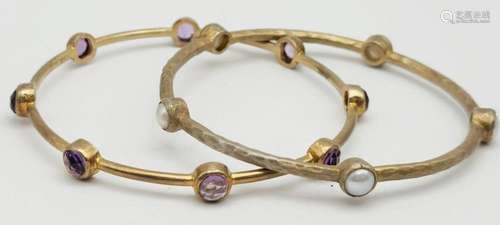 2-GOLD TONED BANGLES: (1)WITH AMETHYST